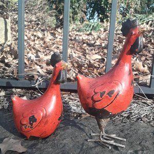 Chickens Rooster Bird Figurines Set of 2 Glazed Pottery Clay Crackled Vintage